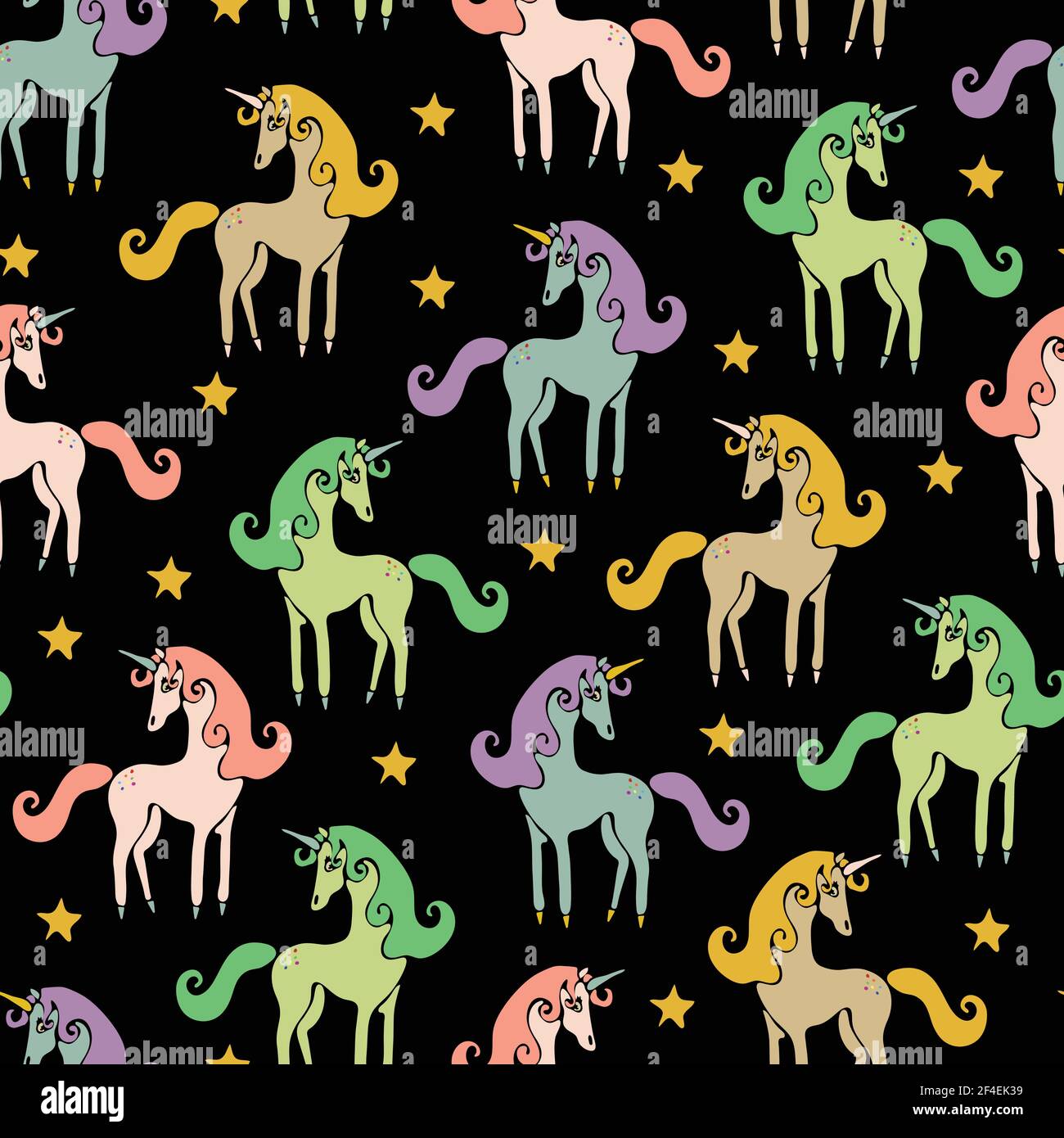 Nahtloses Vektor-Muster mit Einhorn und Sternen auf schwarzem Hintergrund. Einfache Regenbogen Fantasie Tier Tapete Design für Kinder. Stock Vektor