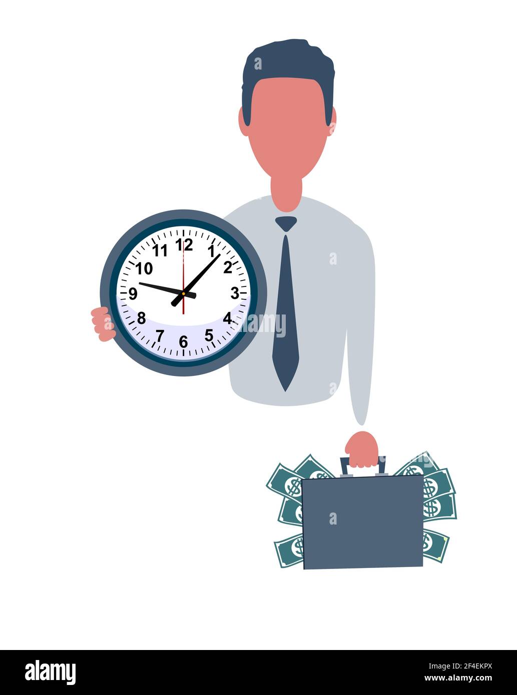Geschäftsmann oder Angestellter, der einen Koffer mit Geld und einer Uhr hält. Männlicher Charakter im einfachen Stil mit Objekten, flache Vektordarstellung. Unternehmen Stock Vektor