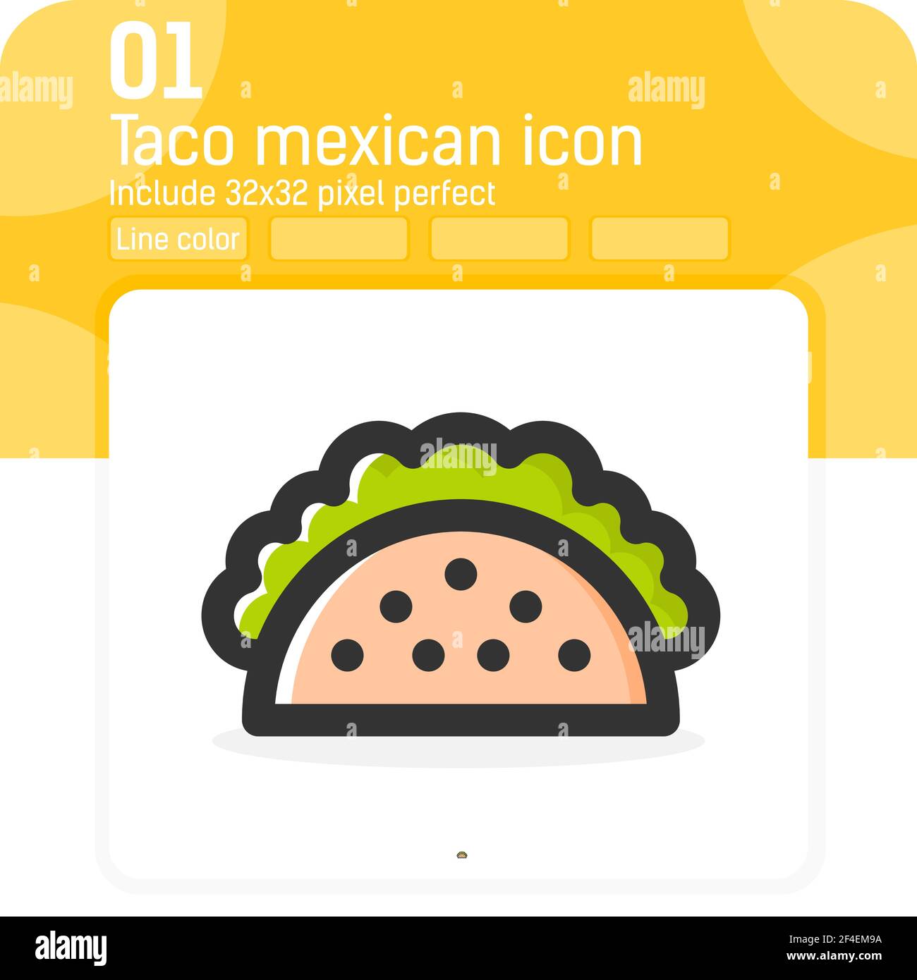 Taco mexikanische Lebensmittel-Vektor-Symbol mit Linie Farbe Stil isoliert auf weißem Hintergrund. Illustration trendige Element dünne lineare Farbe Symbol Symbol für ui, ux Stock Vektor