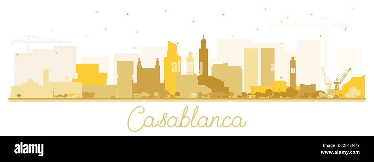 Casablanca Marokko City Skyline Silhouette mit goldenen Gebäuden isoliert auf Weiß. Vektorgrafik. Business Travel und Tourismus Konzept. Stock Vektor