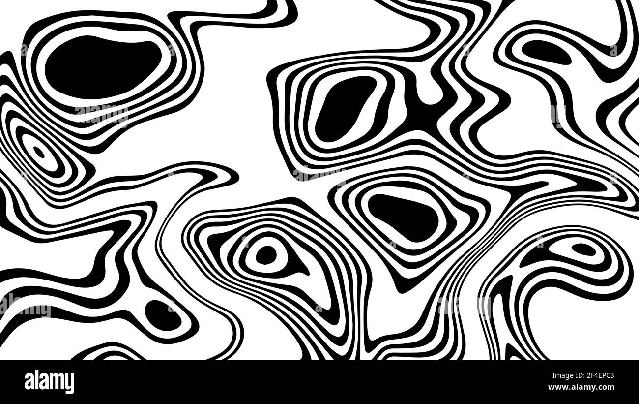 Vektor monochromes Muster, geschwungene Linien, gestreiften schwarz-weißen Hintergrund. Abstrakte dynamische gewellte Textur, 3D visuelle Wirkung Stock Vektor
