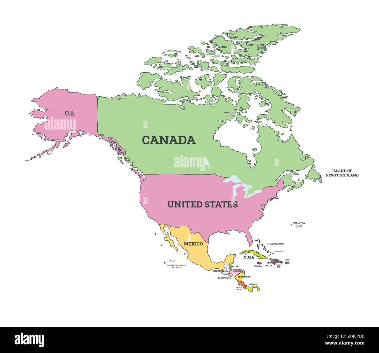 Politische Karte Für Nordamerika. Vektorgrafik. Karte mit Namen der Länder, die auf Weiß isoliert sind. Stock Vektor