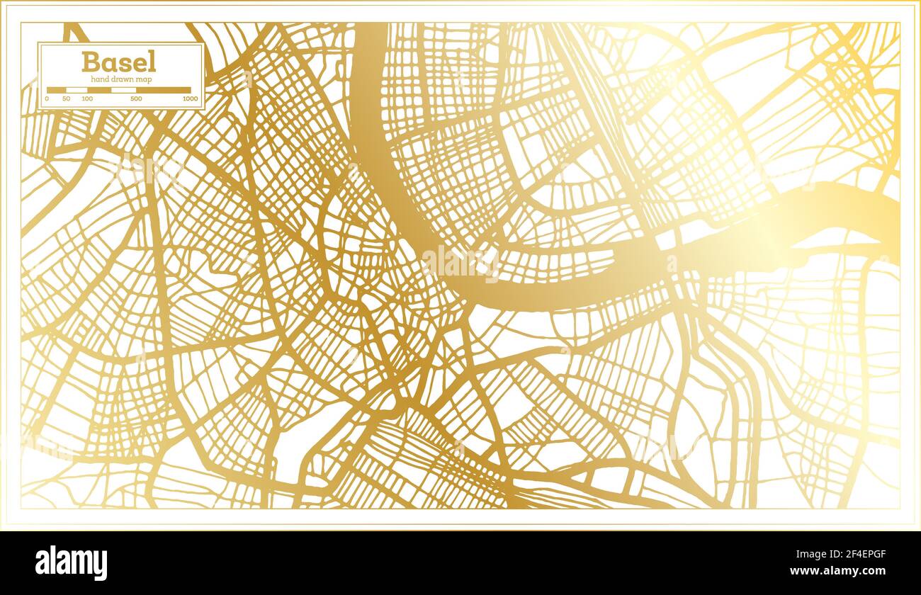 Basel Schweiz Stadtplan im Retro-Stil in goldener Farbe. Übersichtskarte. Vektorgrafik. Stock Vektor