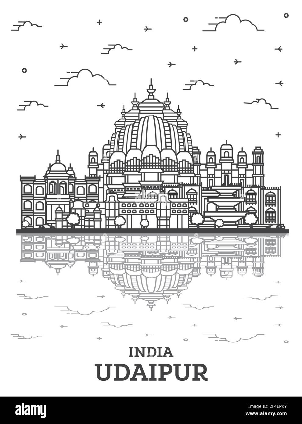 Umrisse Udaipur Indien Skyline der Stadt mit historischen Gebäuden und Reflexionen isoliert auf Weiss. Vector Illustration. Udaipur Stadtbild mit Sehenswürdigkeiten. Stock Vektor
