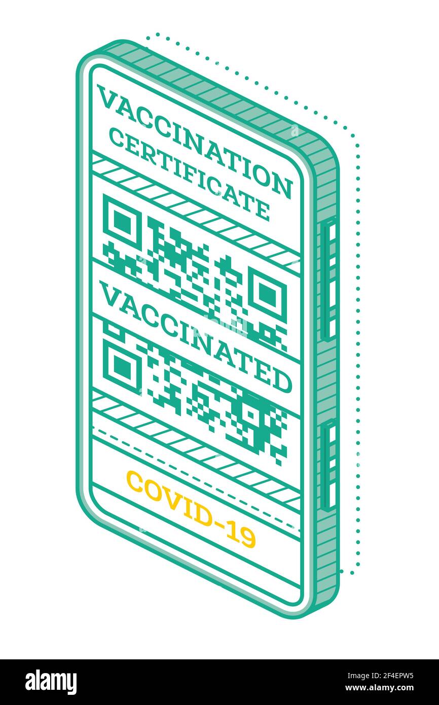 Impfpass auf dem Bildschirm des Smartphones mit QR-Code. Isometrisches International Certificate of Immunization. Vektorgrafik. Stock Vektor