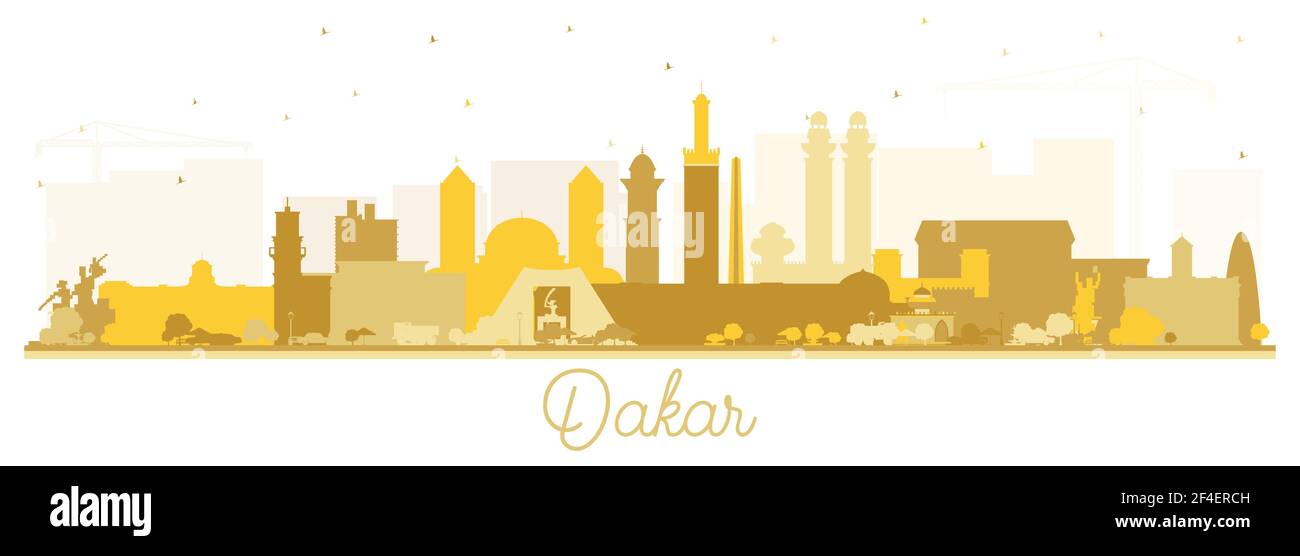 Dakar Senegal City Skyline Silhouette mit goldenen Gebäuden isoliert auf Weiß. Vektorgrafik. Business Travel und Tourismus Konzept. Stock Vektor