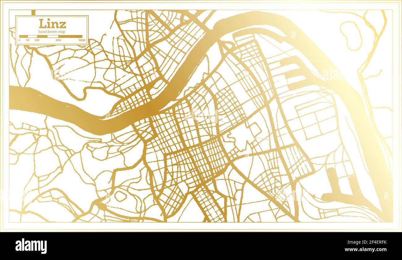 Linz Österreich Stadtplan im Retro-Stil in goldener Farbe. Übersichtskarte. Vektorgrafik. Stock Vektor