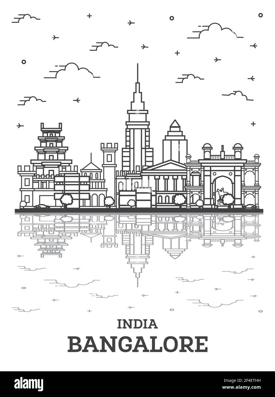 Skizzieren Sie Bangalore India City Skyline mit historischen Gebäuden und Reflexionen isoliert auf Weiß. Vektorgrafik. Stadtbild Bangalore mit Wahrzeichen Stock Vektor