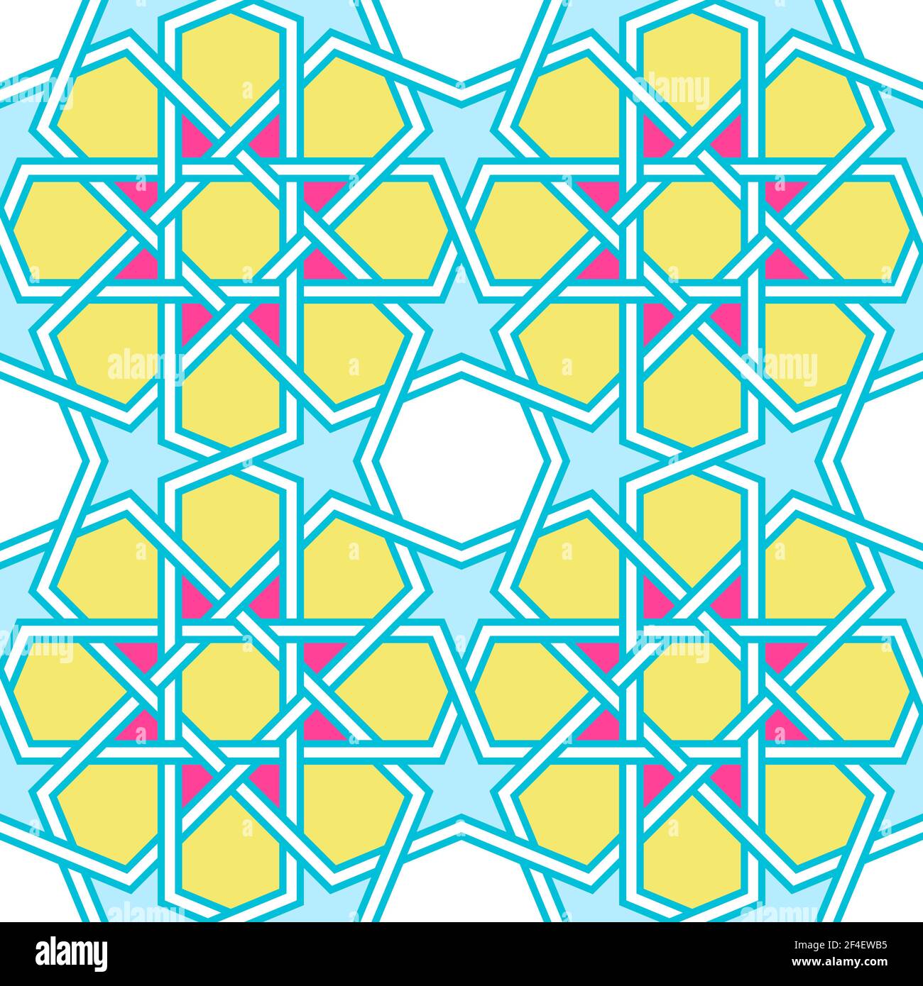 Modernes verworrenes Gittermuster, inspiriert von traditioneller arabischer Geometrie. Nahtloses Vektor-Hintergrundmuster. Bright Bold Neon 1980s Farben - rosa, gelb Stock Vektor
