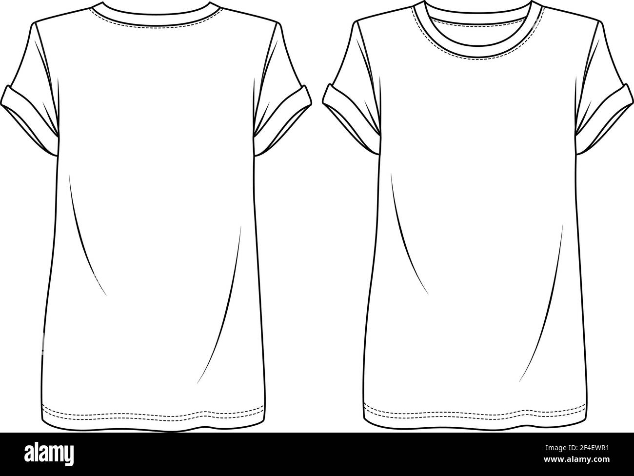 Trendige Frauen kurze Ärmel T-Shirt mit gepolsterten Schultern Mode flach Skizze Vorlage. Mädchen Tunika Länge T-Shirt Technische Mode Illustration Stock Vektor