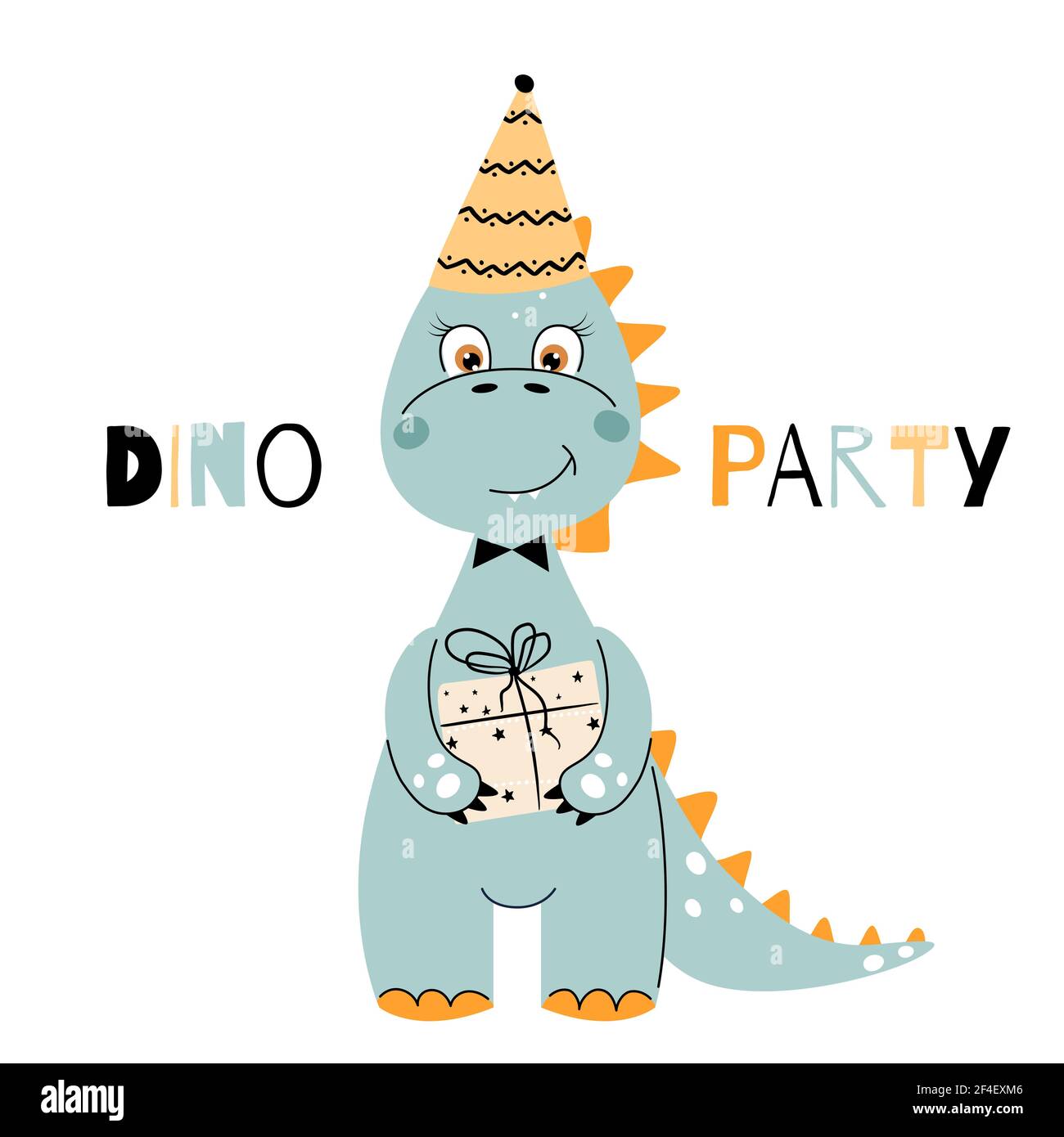 Dino-Party. Dinosaurier im Geburtstagshut hält Geschenk Stock-Vektorgrafik  - Alamy