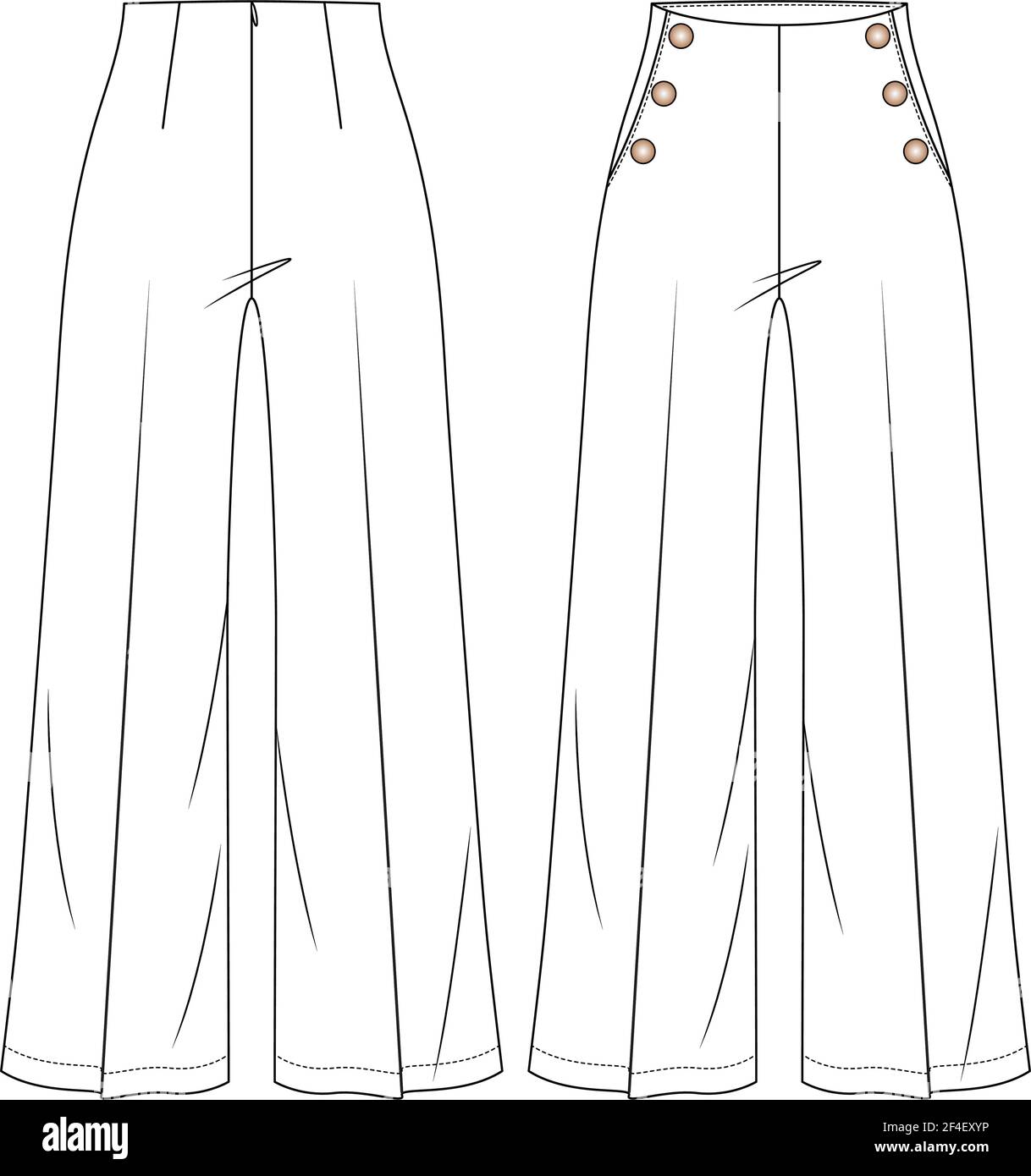 Frauen Hohe Taille Sailor Hose Vektor Mode Flache Skizzen. Technische Illustration Für Mode-Vorlagen. Weite Beine. Knopfdetail Stock Vektor