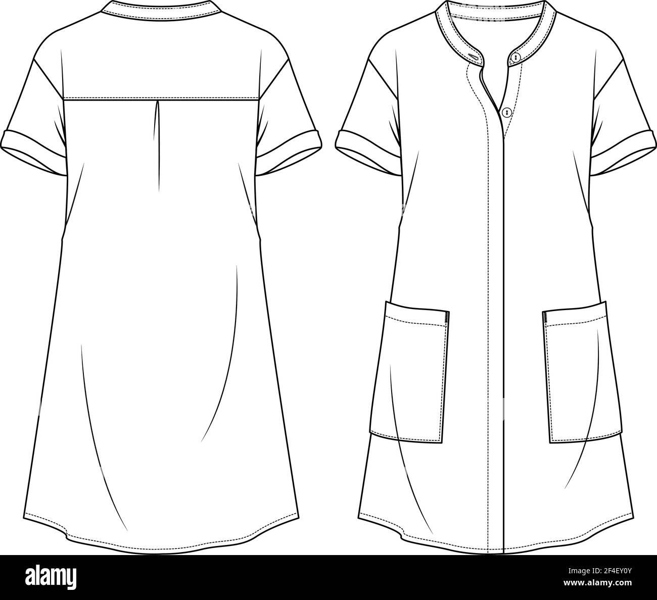 Frauen Hemdkleid mit Mandarinenkragen flache Mode Skizze Vorlage. Technische Mode Illustration. Bluse mit verdeckter Blende. Große Taschen Stock Vektor