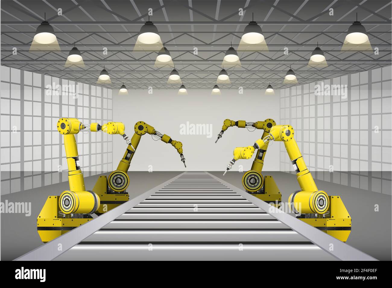 Automationsfabrik mit Roboter Montagelinie in Fabrik Vektor-Illustration Stock Vektor
