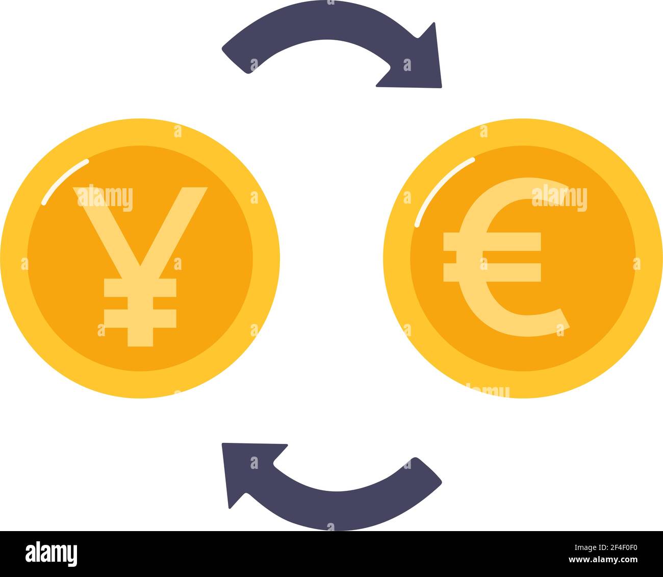 Tauschen Sie chinesischen Yuan in Euro. Goldmünzen und Pfeile zwischen ihnen..Geldwechsel. Vektorgrafik in flacher Form, isoliert Stock Vektor