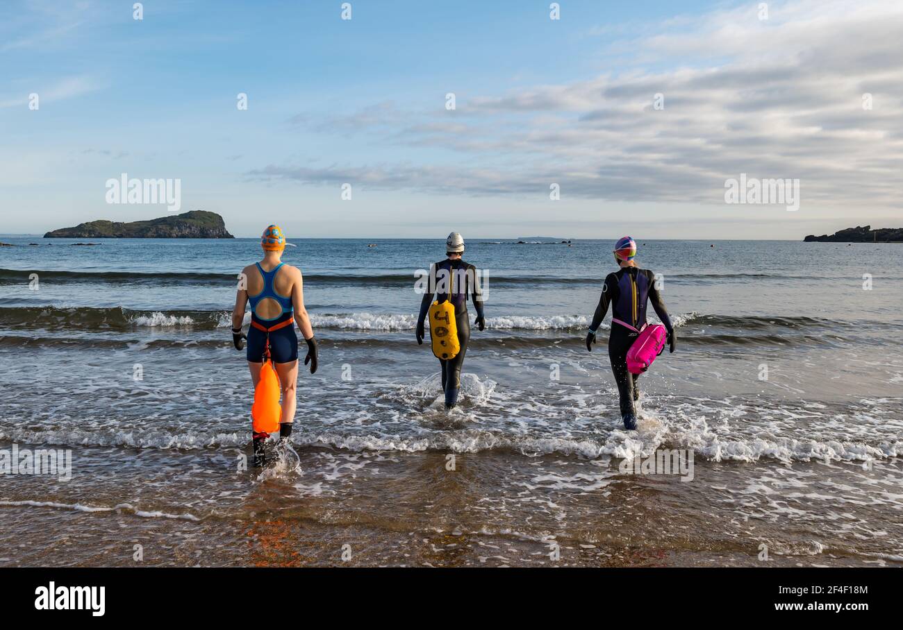 North Berwick, East Lothian, Schottland, Großbritannien, 21st. März 2021. UK Wetter: Wildschwimmer gehen im Firth of Forth im Freiwasser schwimmen. Wildbaden ist ein beliebter Sport für Einheimische in der Küstenstadt geworden. Diese Frauen sind einige der Stammgäste, die in den Sport jede Woche während des ganzen Jahres teilnehmen. Im Bild: Alison, Jo und Sarah schwimmen jede Woche, manchmal öfter in West Bay, als sie in Neoprenanzügen und Schwimmern ins Meer kommen Stockfoto