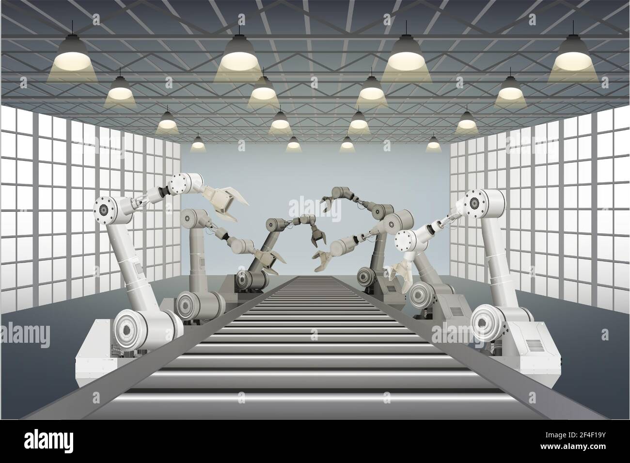 Automationsfabrik mit Roboter Montagelinie in Fabrik Vektor-Illustration Stock Vektor