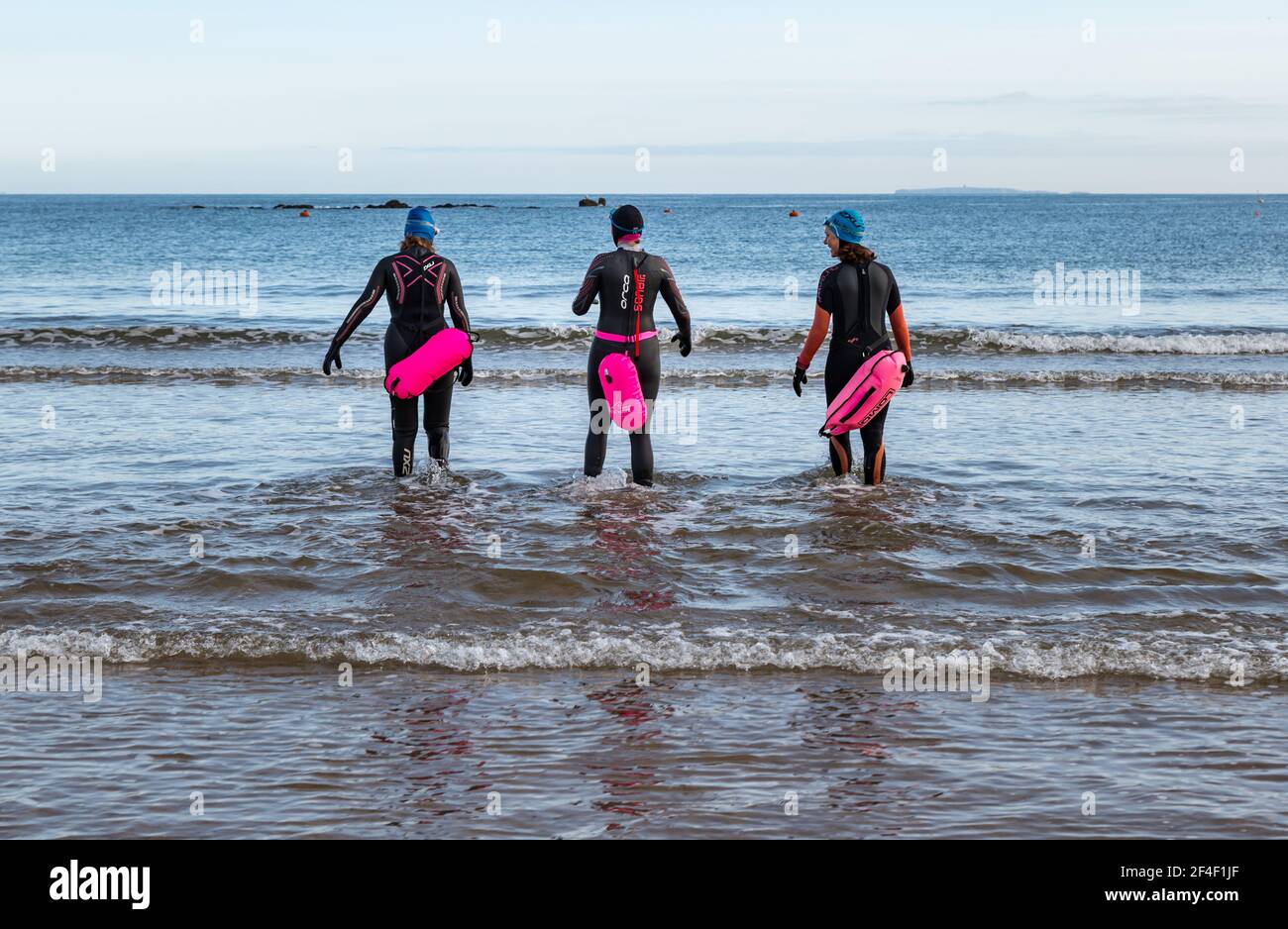 North Berwick, East Lothian, Schottland, Großbritannien, 21st. März 2021. UK Wetter: Wildschwimmer gehen im Firth of Forth im Freiwasser schwimmen. Wildbaden ist ein beliebter Sport für Einheimische in der Küstenstadt geworden. Diese Frauen tragen Neoprenanzüge und schwimmt gehen ins Wasser sind einige der Stammgäste, die in der Sport jede Woche während des ganzen Jahres in West Bay teilnehmen Stockfoto