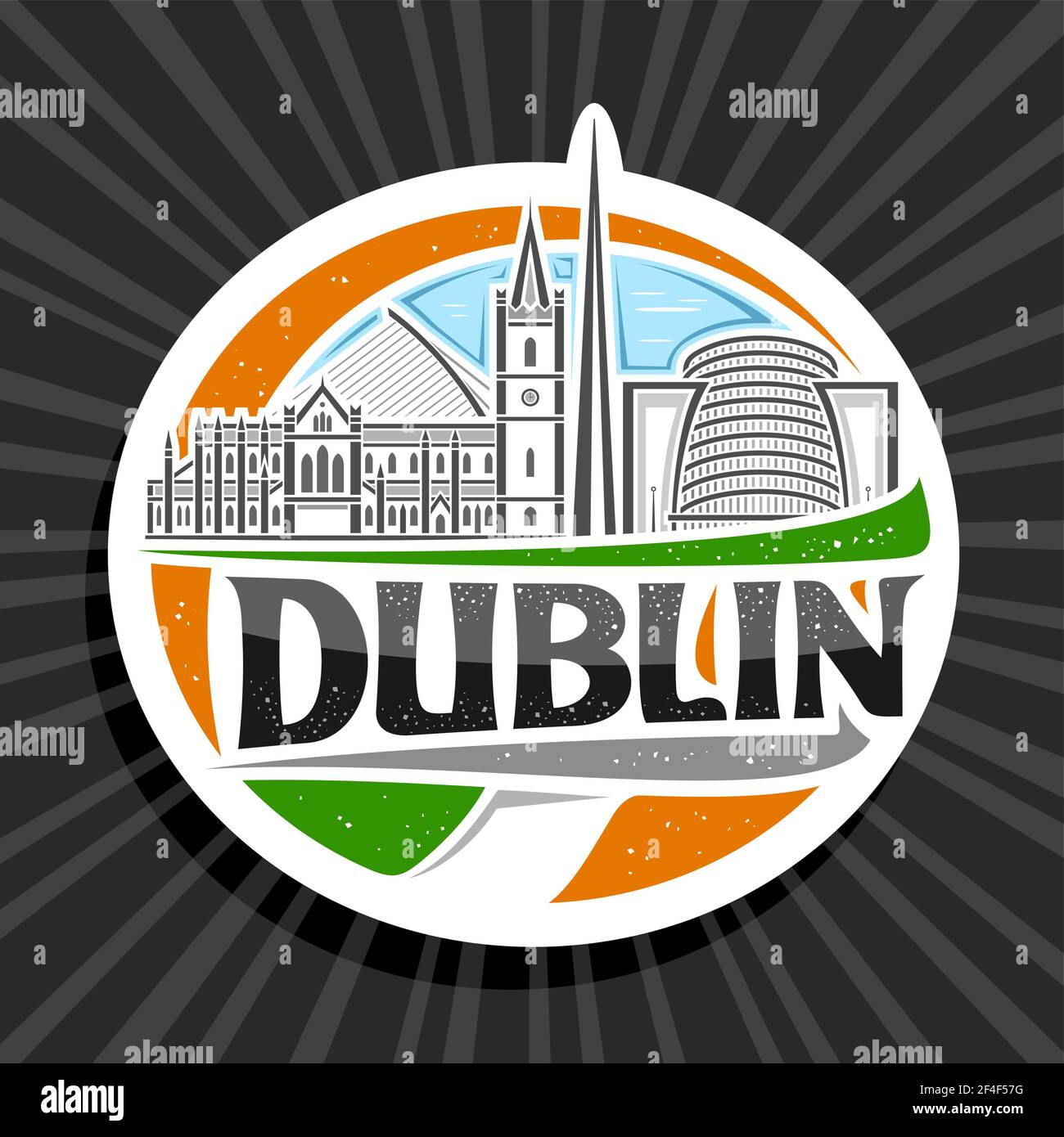 Vektor-Logo für Dublin, weißes dekoratives Abzeichen mit Liniendarstellung der berühmten dublin Stadtlandschaft am Tag Himmel Hintergrund, Kunst Design Tourist Kühlschrank mag Stock Vektor