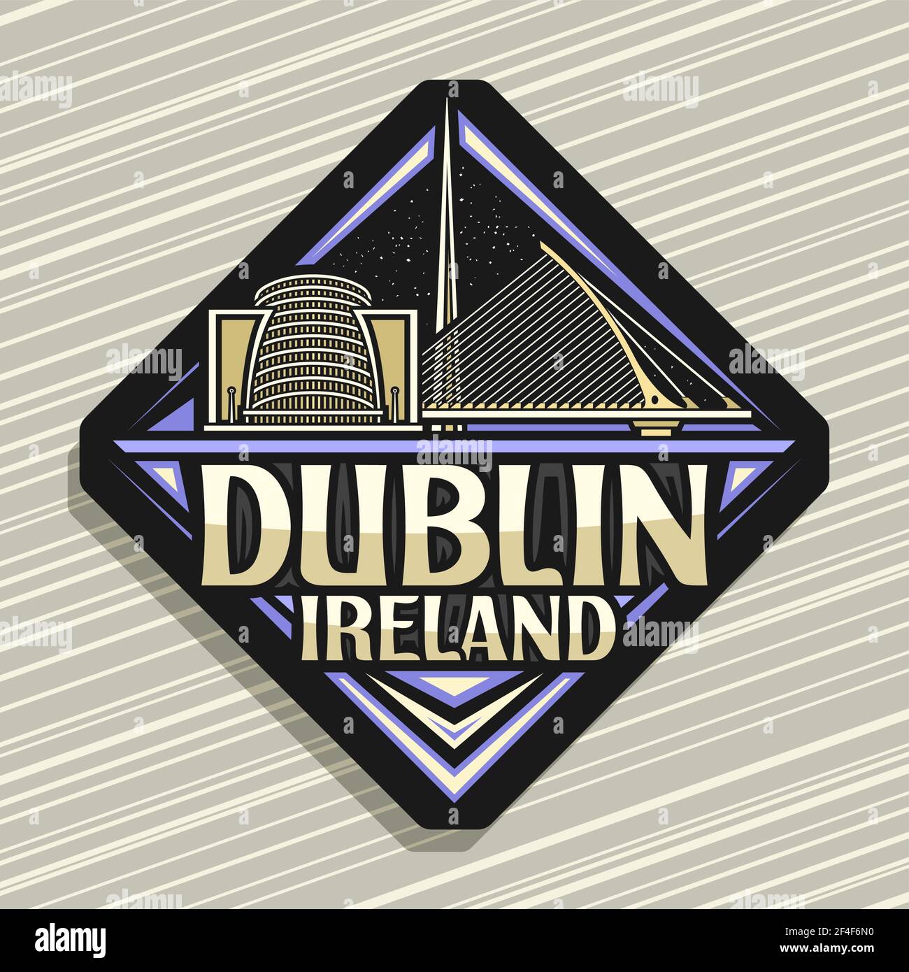 Vektor-Logo für Dublin, dunkles Rhombus-Straßenschild mit Umriss Illustration der europäischen dublin Stadtlandschaft auf Dämmerung Himmel Hintergrund, dekorativer Kühlschrank magne Stock Vektor