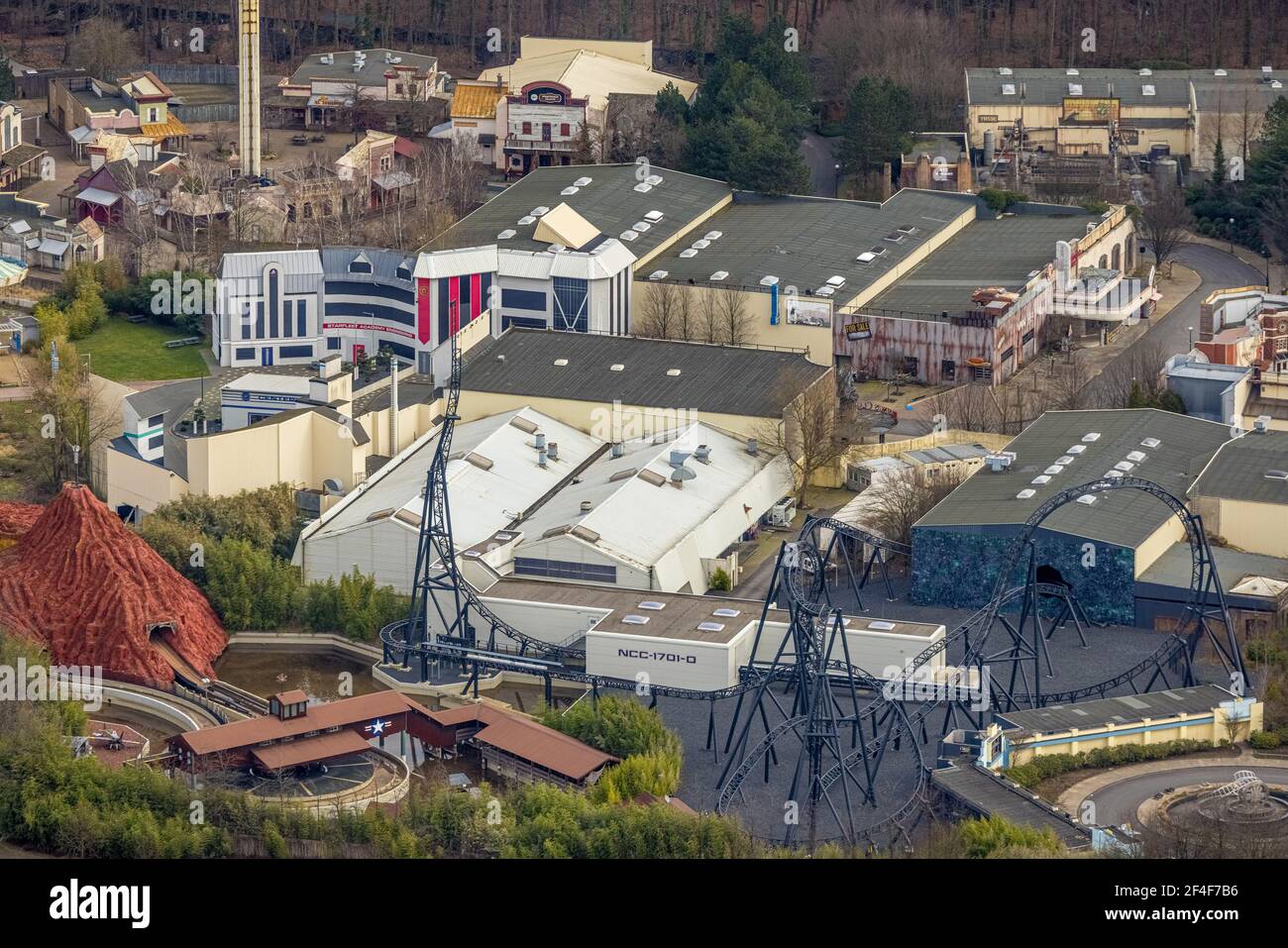 Luftaufnahme, Movie Park Deutschland, Freizeitpark, Bottrop-Kirchhellen, Ruhrgebiet, Nordrhein-Westfalen, Deutschland, DE, Europa, Luftaufnahmen, aeri Stockfoto