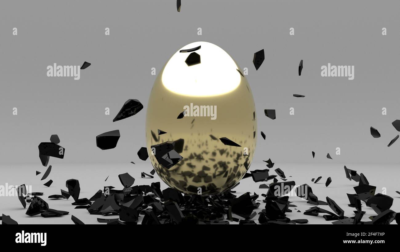 Die schwarze Schale explodiert und darunter ist ein goldenes Ei 3D Rendern Stockfoto