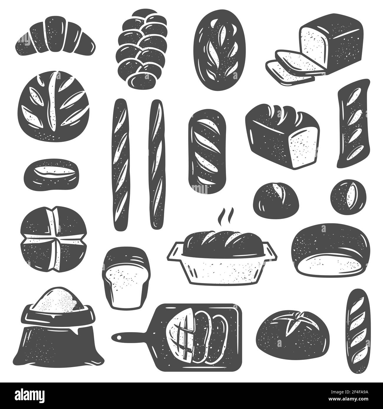 Sammlung von Schwarz-Weiß-Vektorgrafiken verschiedener Typen Von gebackenem Brot und Gebäck verschiedener Formen isoliert auf Weißer Hintergrund Stock Vektor