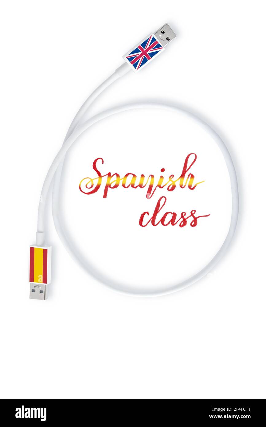 Spanisch Sprachkurs Konzept Illustration und Beschriftung. Spanien und Großbritannien Flaggen an den Enden des Kommunikationskabels. Stockfoto