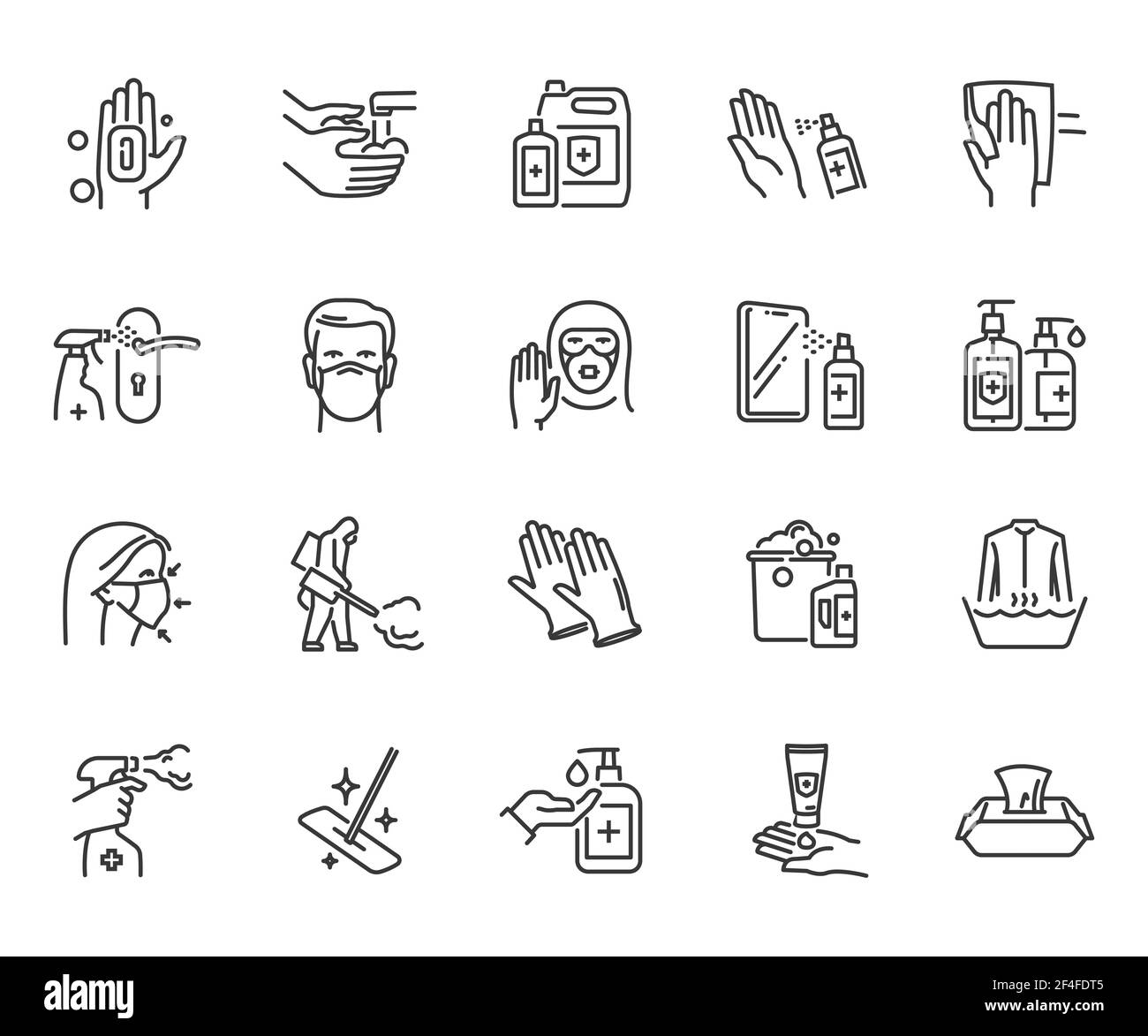 Lineare Symbole zur Desinfektion und Reinigung. Die Sammlung enthalten Symbol als Handwäsche, Sprühflasche, Handschuhe, Menschen in schützenden medizinischen Gesichtsmasken. Stock Vektor