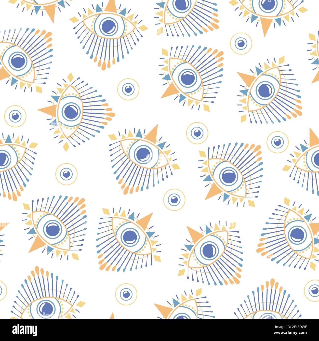 Blaue böse Augen nahtlose Muster mit gelben Elementen auf weißem Hintergrund. Grafischer geometrischer magischer Esoterik-Druck. Auge der Vorsehung. Vektor Stock Vektor