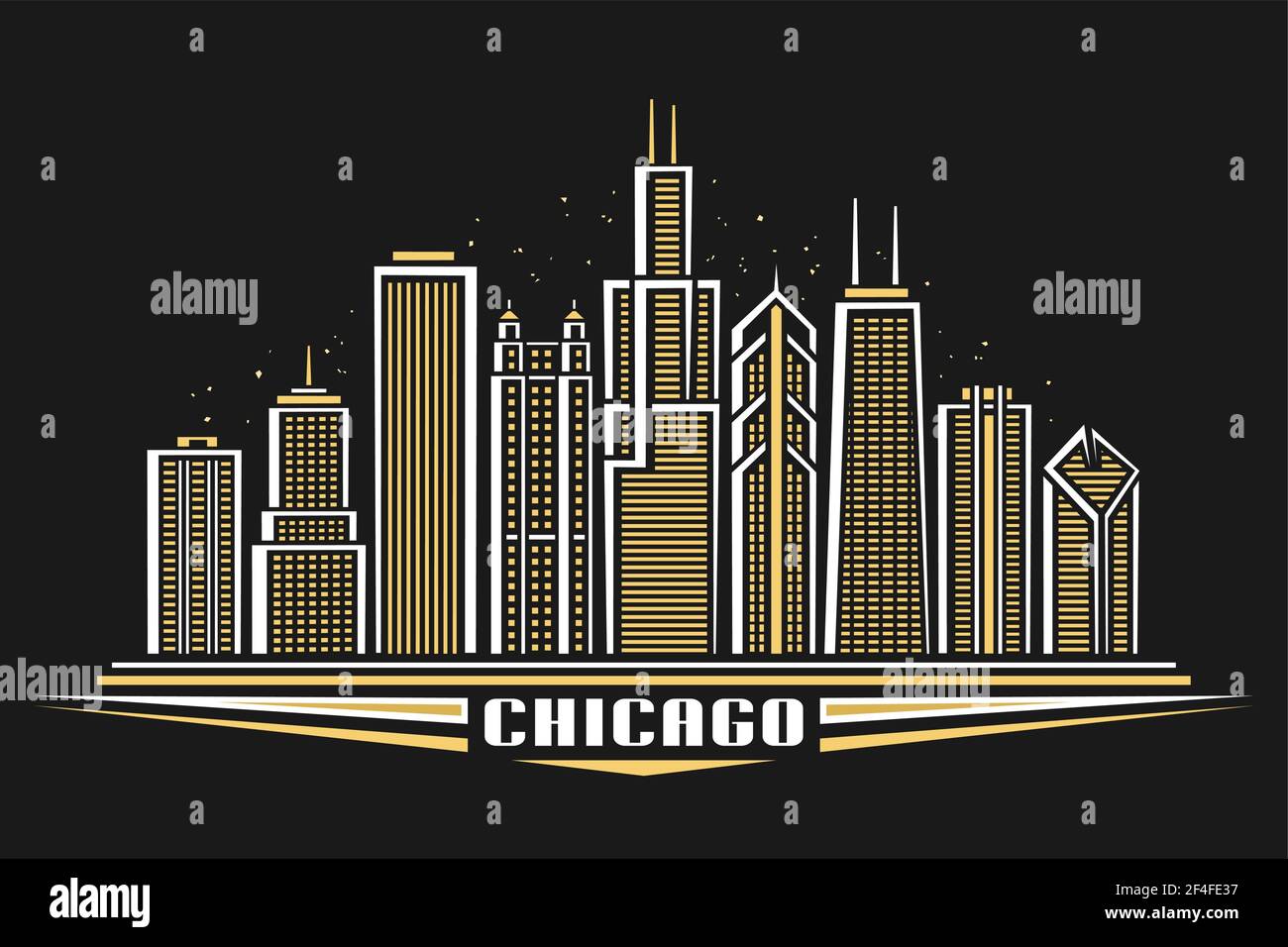Vektor-Illustration von Chicago City, horizontales Plakat mit Linie Art Design beleuchtete chicago Stadtlandschaft, Panorama zeitgenössischen Konzept mit Decora Stock Vektor