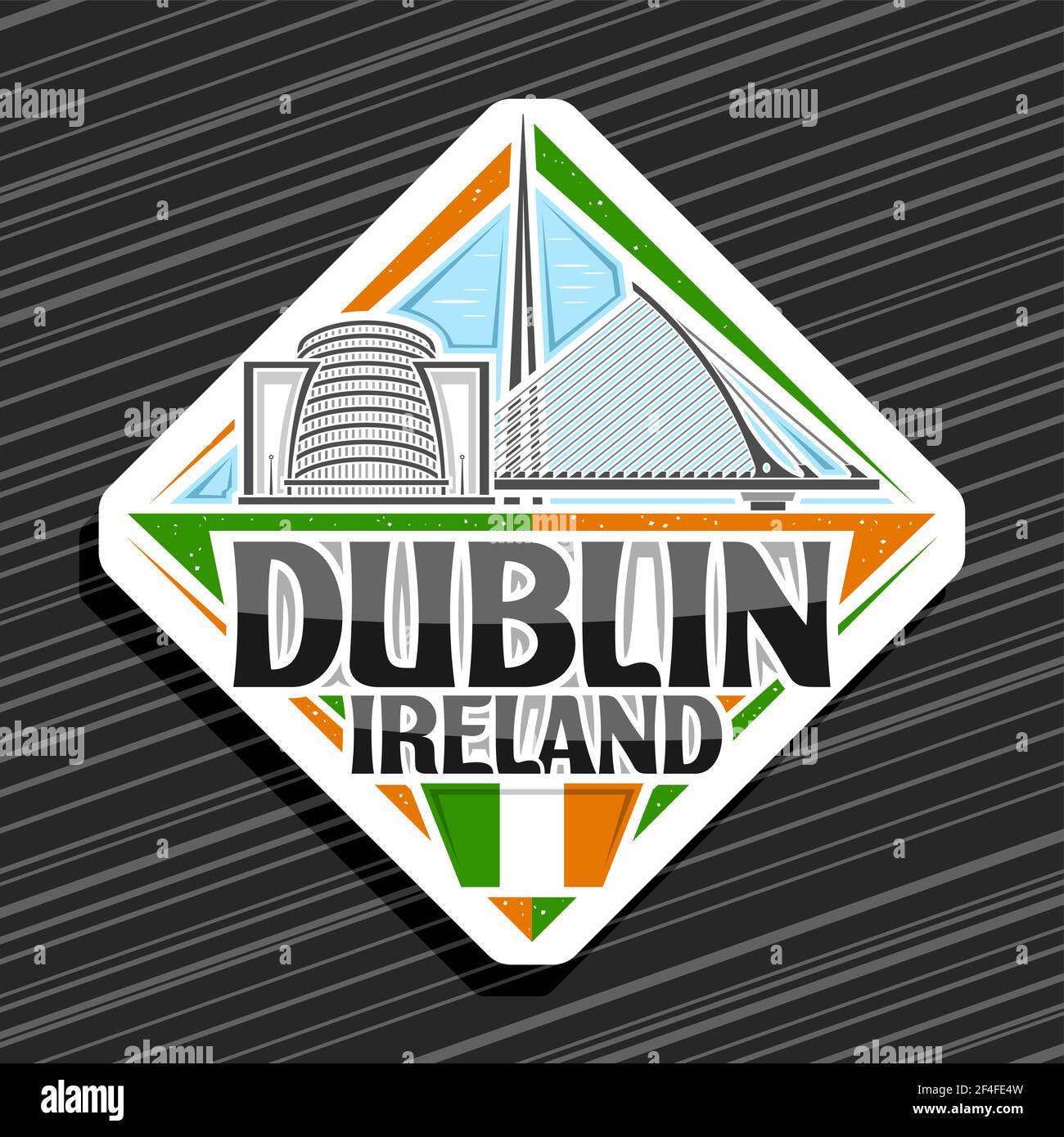 Vektor-Logo für Dublin, weißes Rhombus-Straßenschild mit Umriss Abbildung der dublin-Stadtlandschaft auf Tag Himmel Hintergrund, dekorative Kühlschrank Magnet mit un Stock Vektor