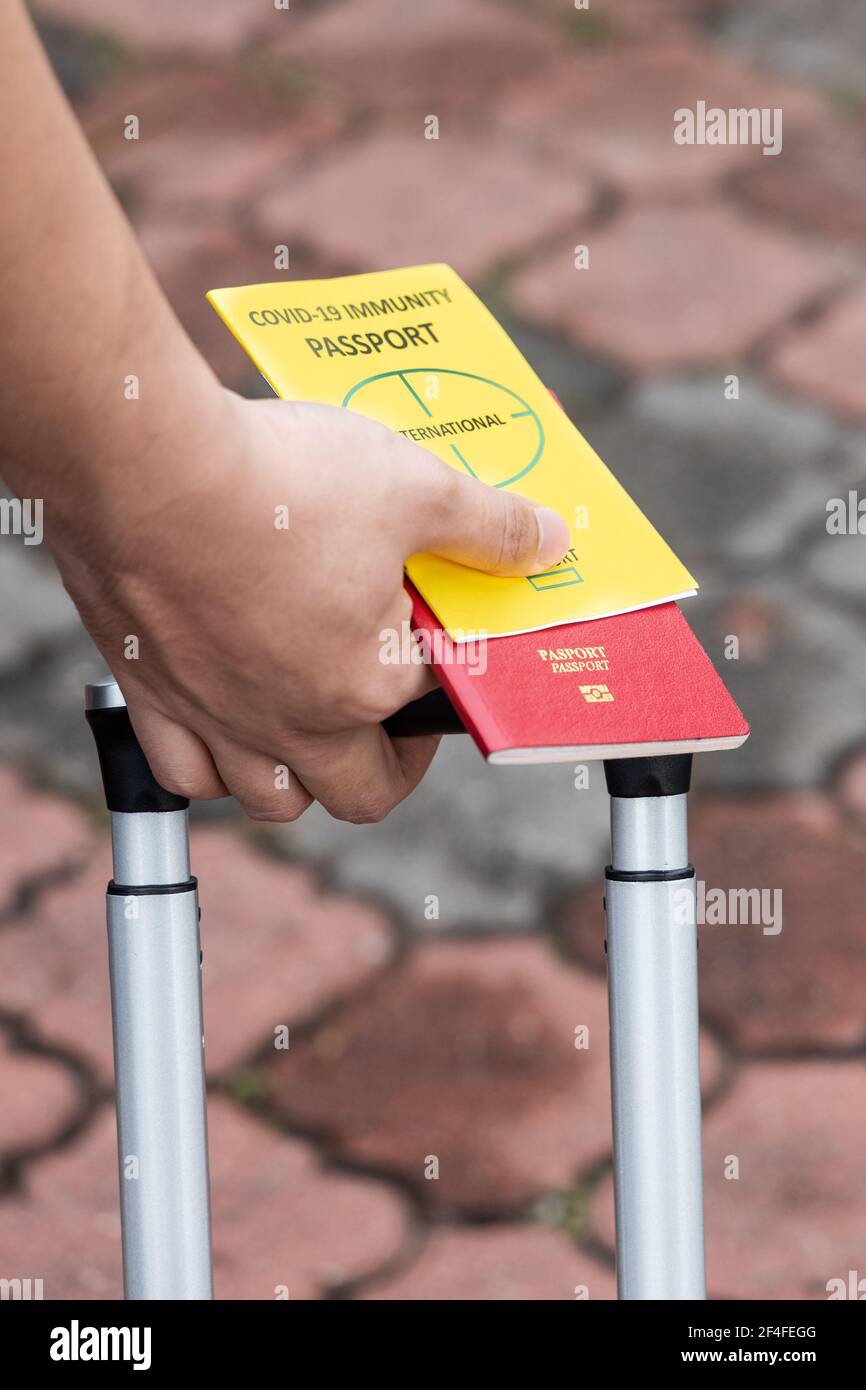 Reisende, die Gepäck mit dem konzeptionellen Covid-19 Immunity Passport auf der Hand ziehen Stockfoto