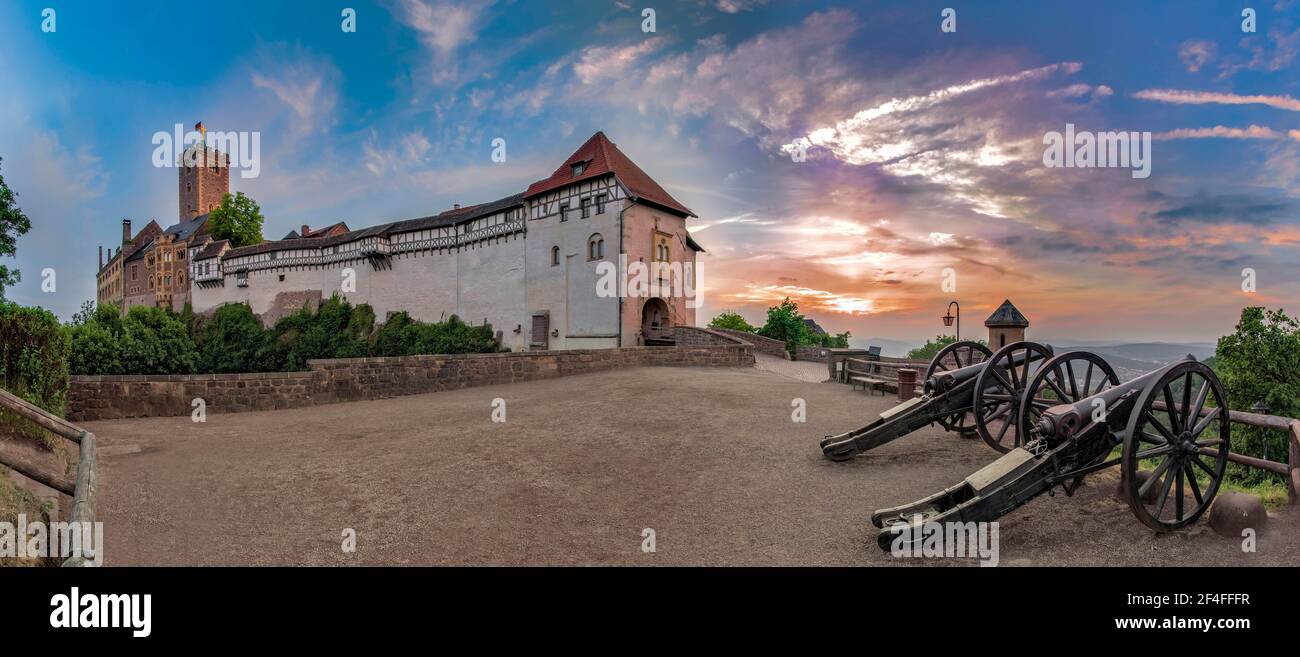 Wartburg, Abendstimmung mit Kanonen, Thüringen, Deutschland Stockfoto