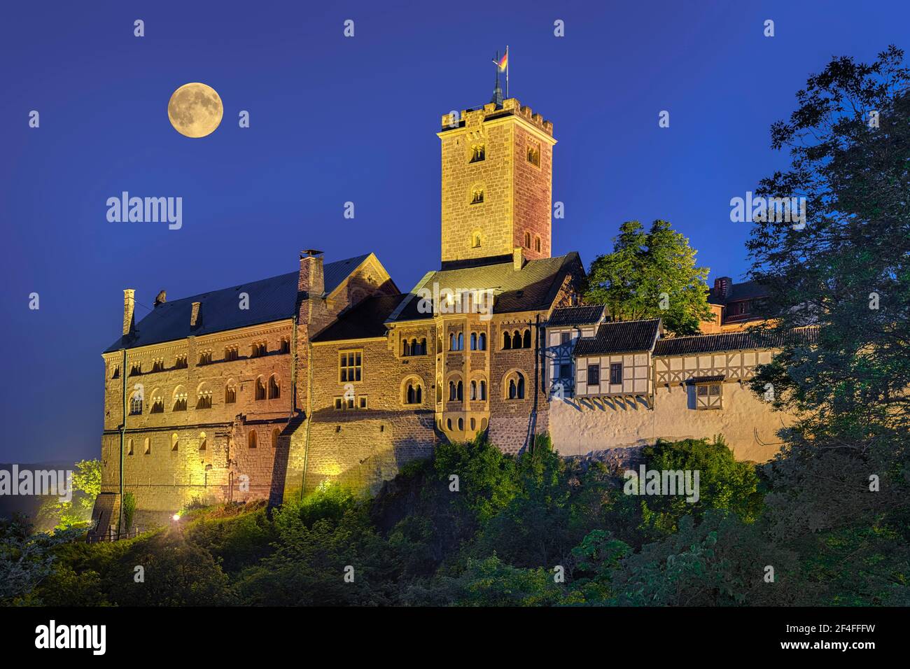 Wartburg, Nacht beleuchtet mit Vollmond, Thüringen, Deutschland Stockfoto
