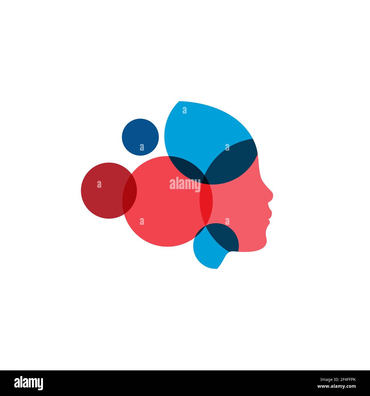 Menschlicher Kopf aus Farbkreisen, Overlay Blasen Logo Konzept. Frau Profil Gesicht Silhouette Logo Vorlage. Isoliertes Symbol auf weißem Hintergrund für Stock Vektor