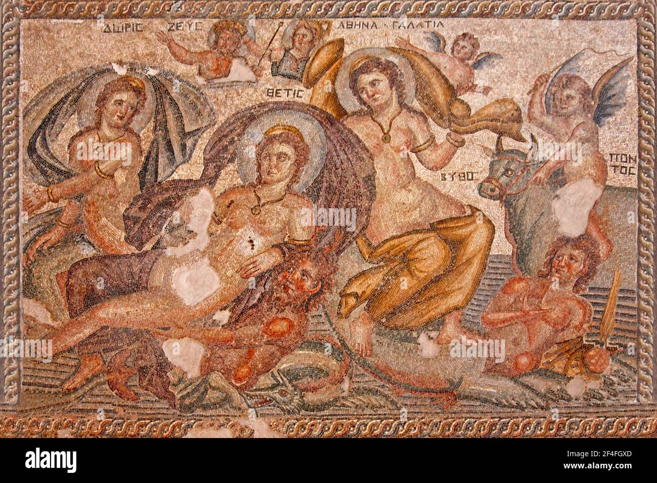 Mosaik, Pafos, Schönheitswettbewerb zwischen Cassiopeia und drei der schönsten Nereids, Thetis, Doris und Galathea, Haus von Aion, Paphos Stockfoto