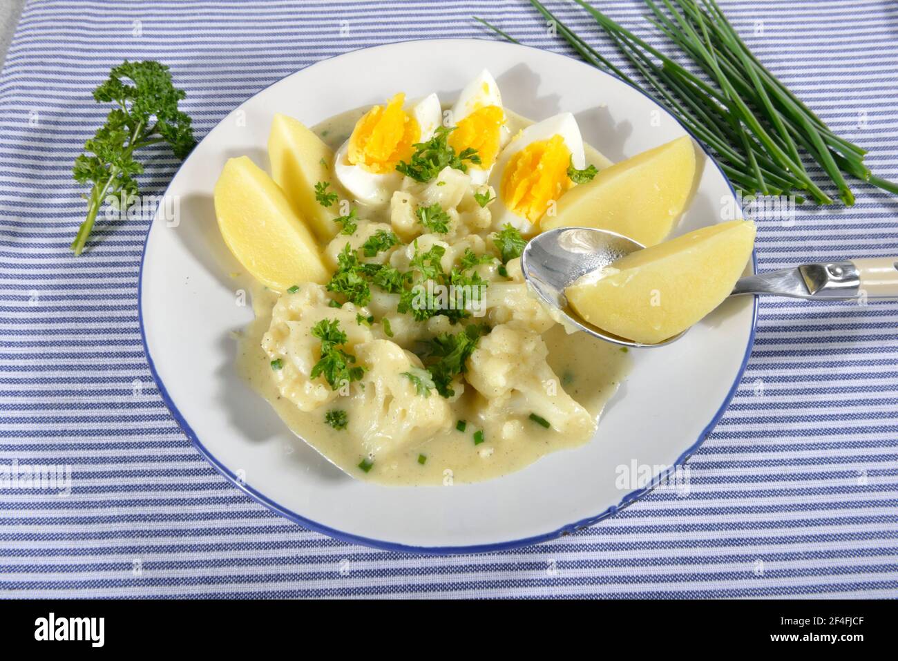 Kartoffeln und Blumenkohl in Kräutersauce Stockfoto