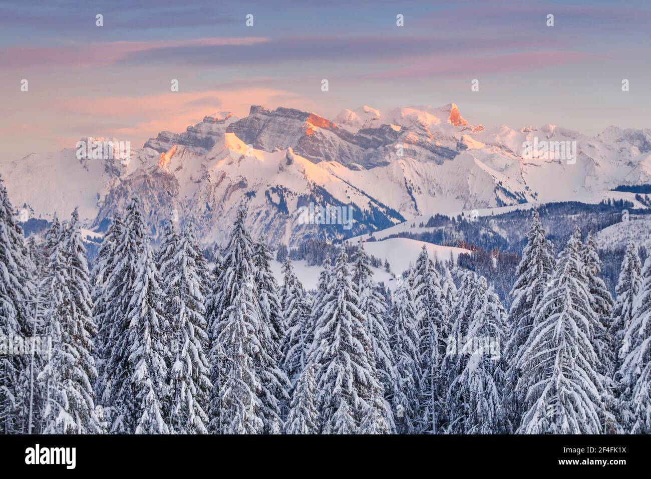 Blick von Gotschalkenberg mit Blick auf Glaernisch in den Schwyzer Alpen, Schweiz Stockfoto
