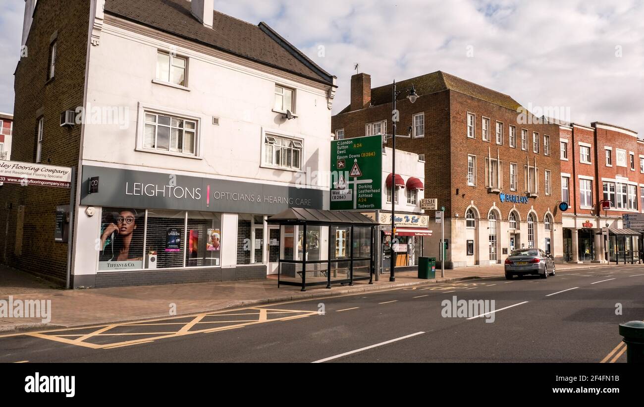 Epsom London UK, March21 2021, Leightons Optikers High Street Shop Front With No People Stockfoto