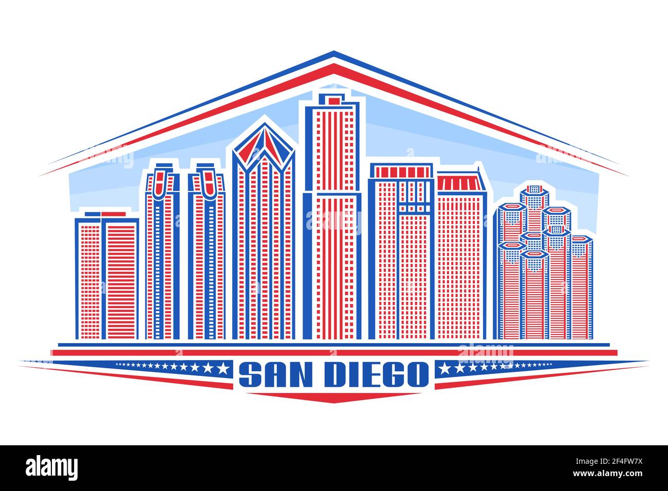 Vektor-Illustration von San Diego City, horizontales Plakat mit Umriss-Design amerikanische Stadtlandschaft auf Tag Hintergrund, Linie Art Konzept mit einzigartigen Schriftart Stock Vektor