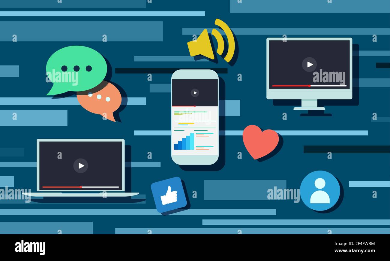 Video-Sharing mit Symbolen. Mobile Laptop-Computer-Bildschirm-Konzept. vektor-Illustration. Stock Vektor