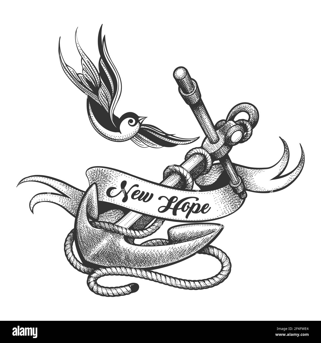 Tattoo von Fliegende Schwalbe und Anker mit Schriftzug New Hope auf Band. Vektorgrafik. Stock Vektor