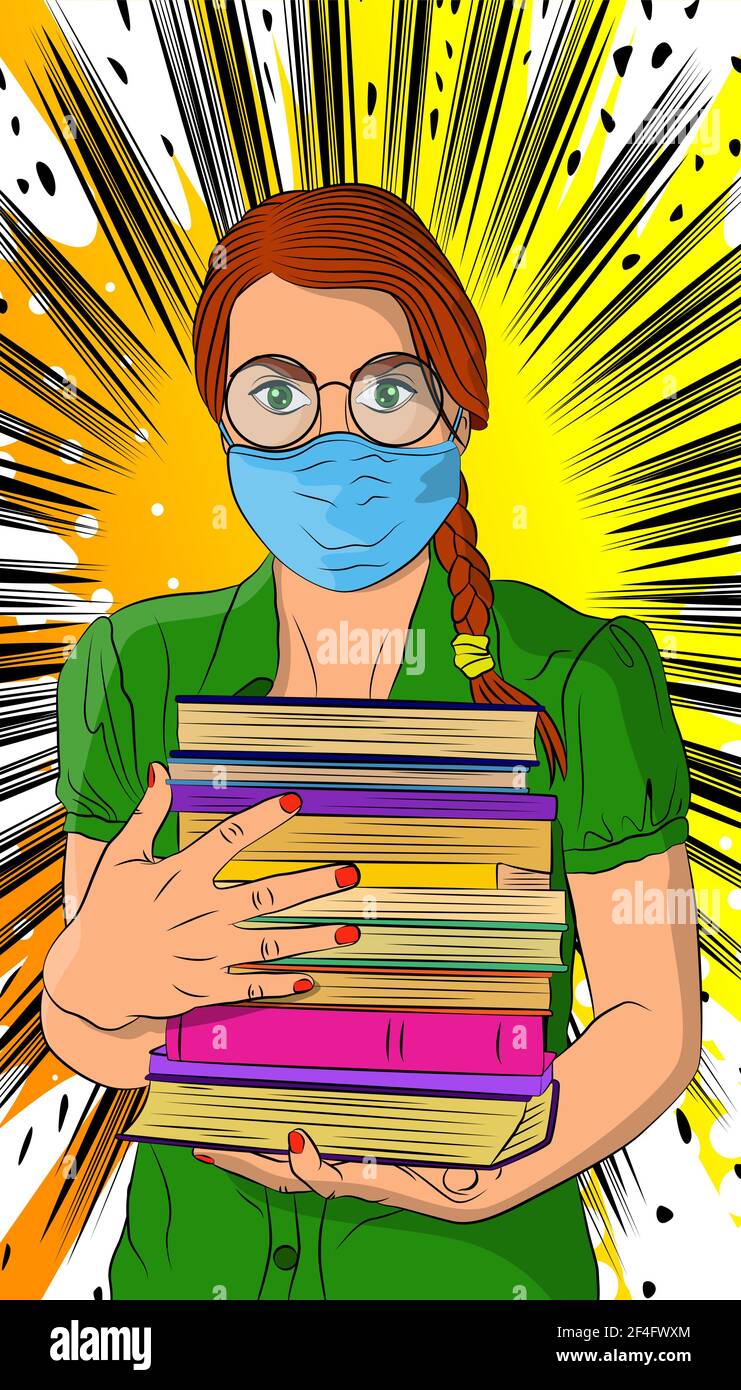 Studentin, Mädchen mit einem Stapel Bücher, Brille und Maske. College University oder High School Schulmädchen. Comic-Stil Vektor illust Stock Vektor