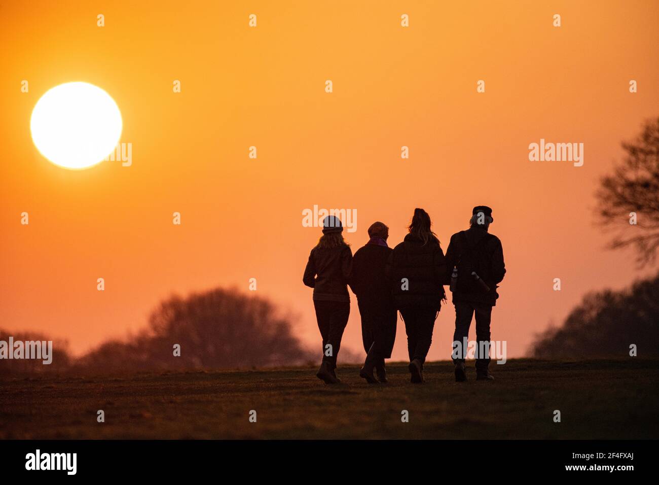 Vier Freunde verbinden die Arme und gehen unter einem untersetzten Sohn In einem Londoner Park Stockfoto