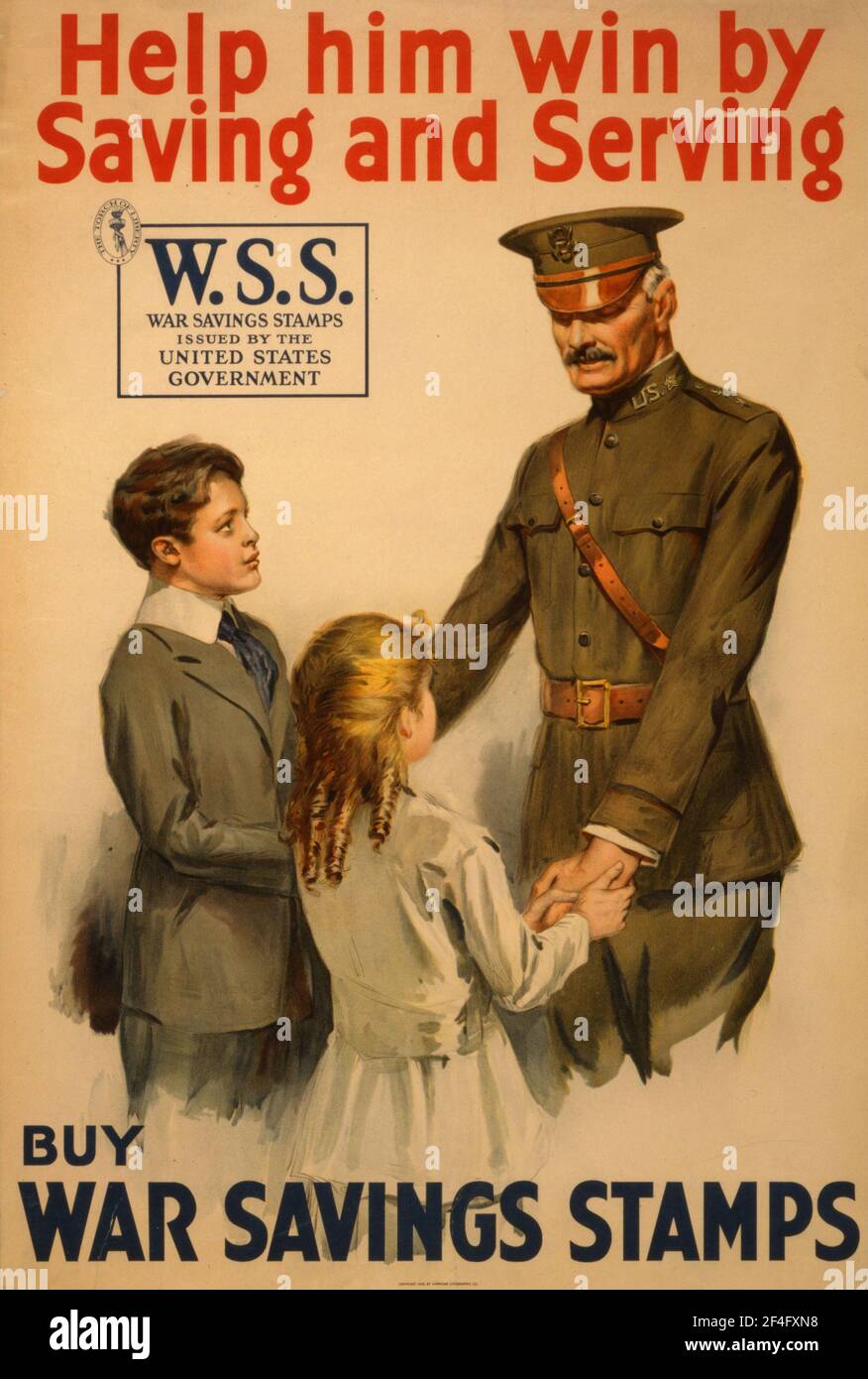 Ein amerikanisches Plakat zum ersten Weltkrieg, das die Menschen zum Kauf ansporn soll Kriegssparmarken Stockfoto