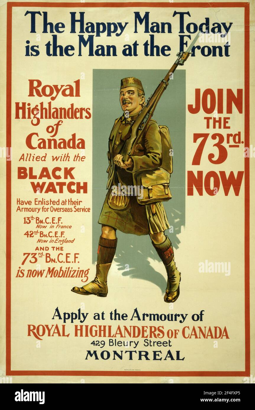 Ein kanadisches Plakat für die Rekrutierung des Ersten Weltkriegs für die Royal Highlanders von Kanada Stockfoto