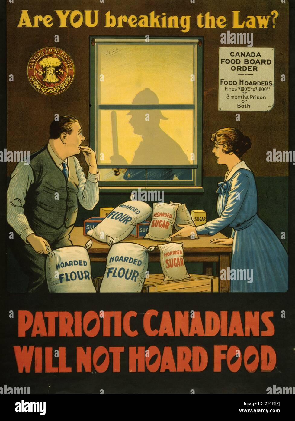 Ein kanadisches Informationsplakat über den ersten Weltkrieg Gefahren des Hortens von Lebensmitteln Stockfoto