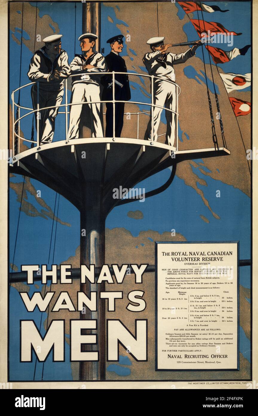 Ein kanadisches Plakat für die Rekrutierung des Ersten Weltkriegs für die Royal Canadian Navy Volunteer Reserve Stockfoto