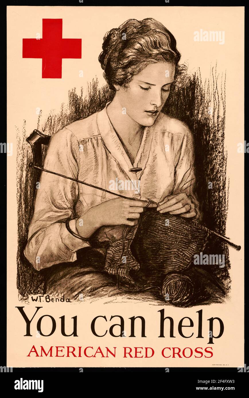 Ein amerikanisches Plakat zur Rekrutierung des ersten Weltkrieges, das um Hilfe bittet In Stricksocken für das amerikanische Rote Kreuz Stockfoto